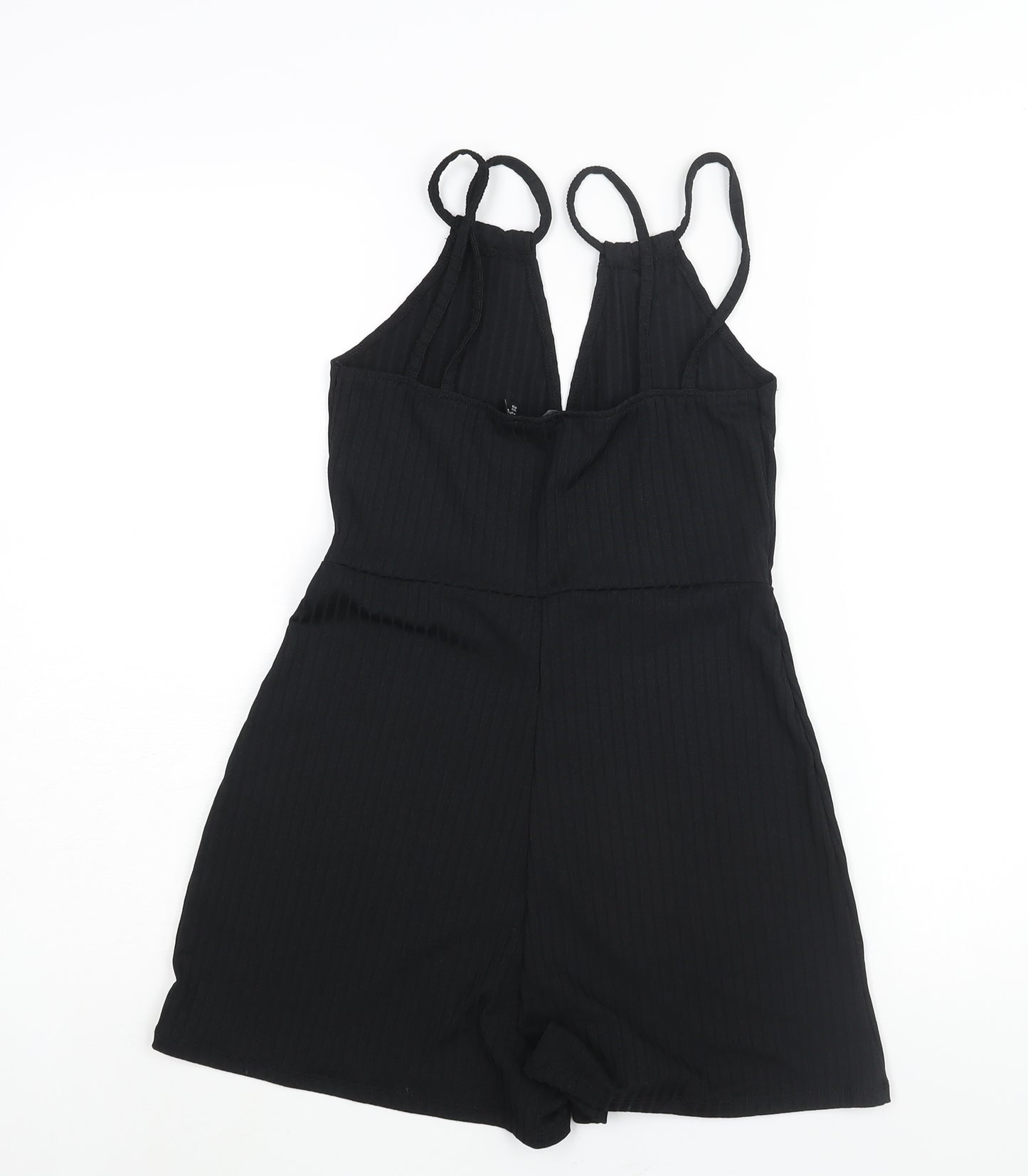 PRETTYLITTLETHING Womens Black Polyester Playsuit One-Piece Size 10 L3 in Pullover - Ribbed