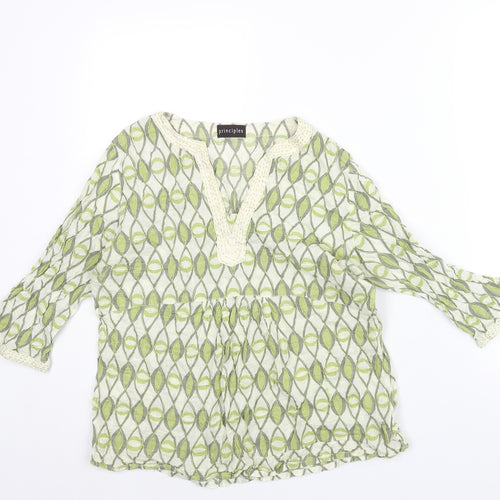 Principles Womens Green Geometric Cotton Basic Blouse Size 16 V-Neck
