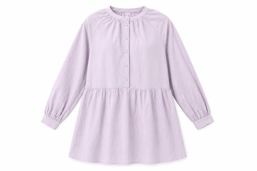 Front view of H&M women’s purple polyester shift, size M, round neck button - smocked