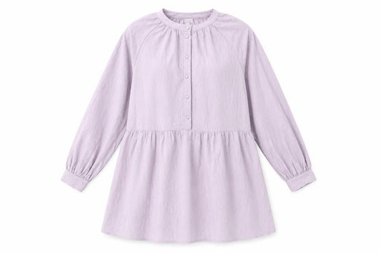 Front view of H&M women’s purple polyester shift, size M, round neck button - smocked