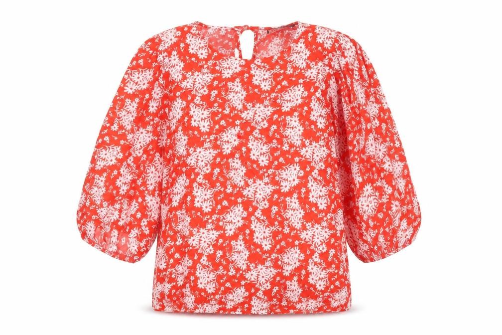 Front view of Marks & Spencer women’s red floral viscose basic blouse, size UK 10, round neck