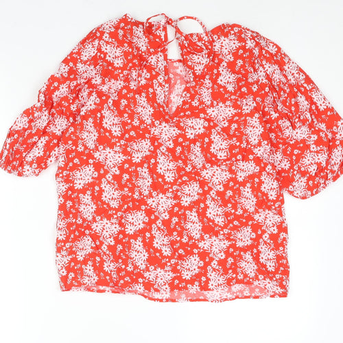 Marks and Spencer Womens Red Floral Viscose Basic Blouse Size 10 Round Neck