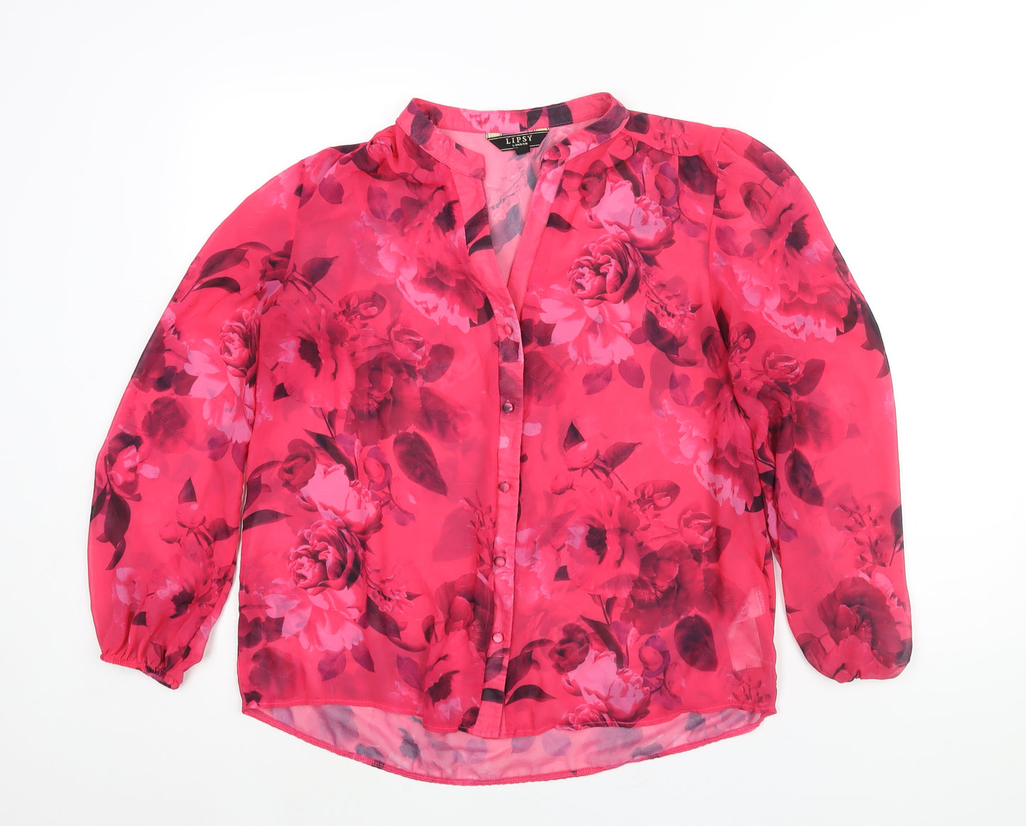 Lipsy Womens Pink Floral Polyester Basic Button-Up Size 14 Round Neck