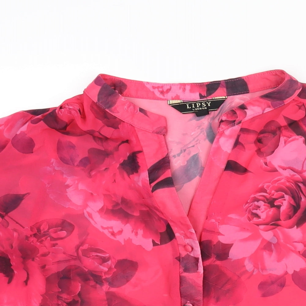 Lipsy Womens Pink Floral Polyester Basic Button-Up Size 14 Round Neck