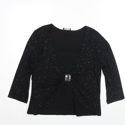 Saloos Womens Black Polyester Basic Blouse Size L Round Neck - Sequin Rhinestone Clasp Detail
