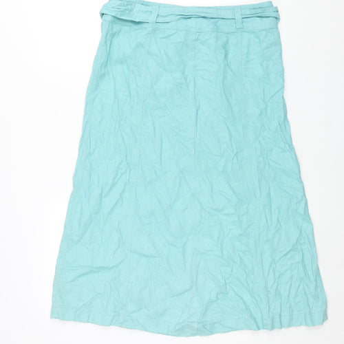 Marks and Spencer Womens Blue Linen A-Line Skirt Size 14 Zip - Belted