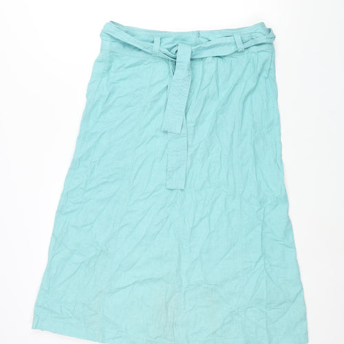 Marks and Spencer Womens Blue Linen A-Line Skirt Size 14 Zip - Belted