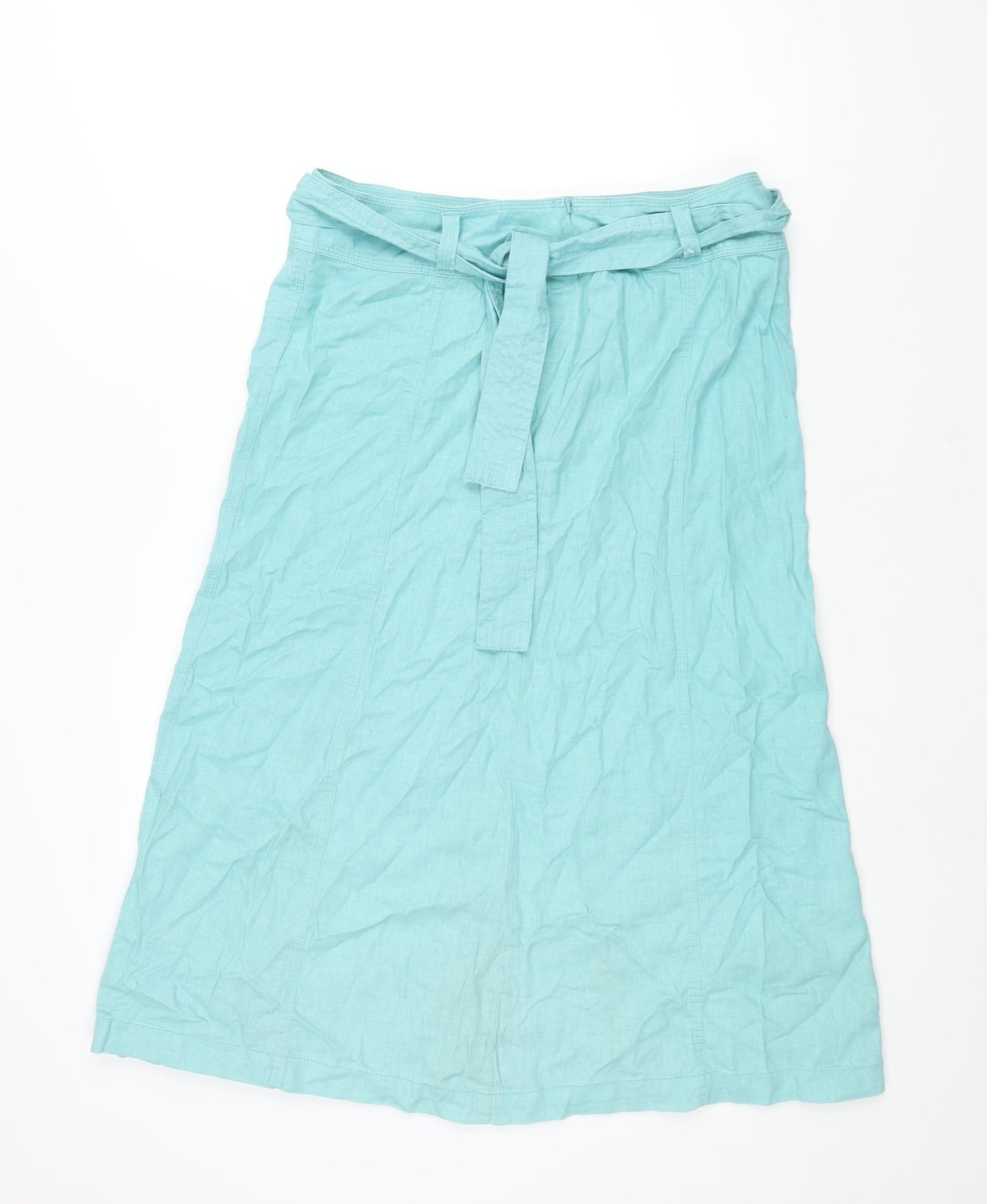 Marks and Spencer Womens Blue Linen A-Line Skirt Size 14 Zip - Belted