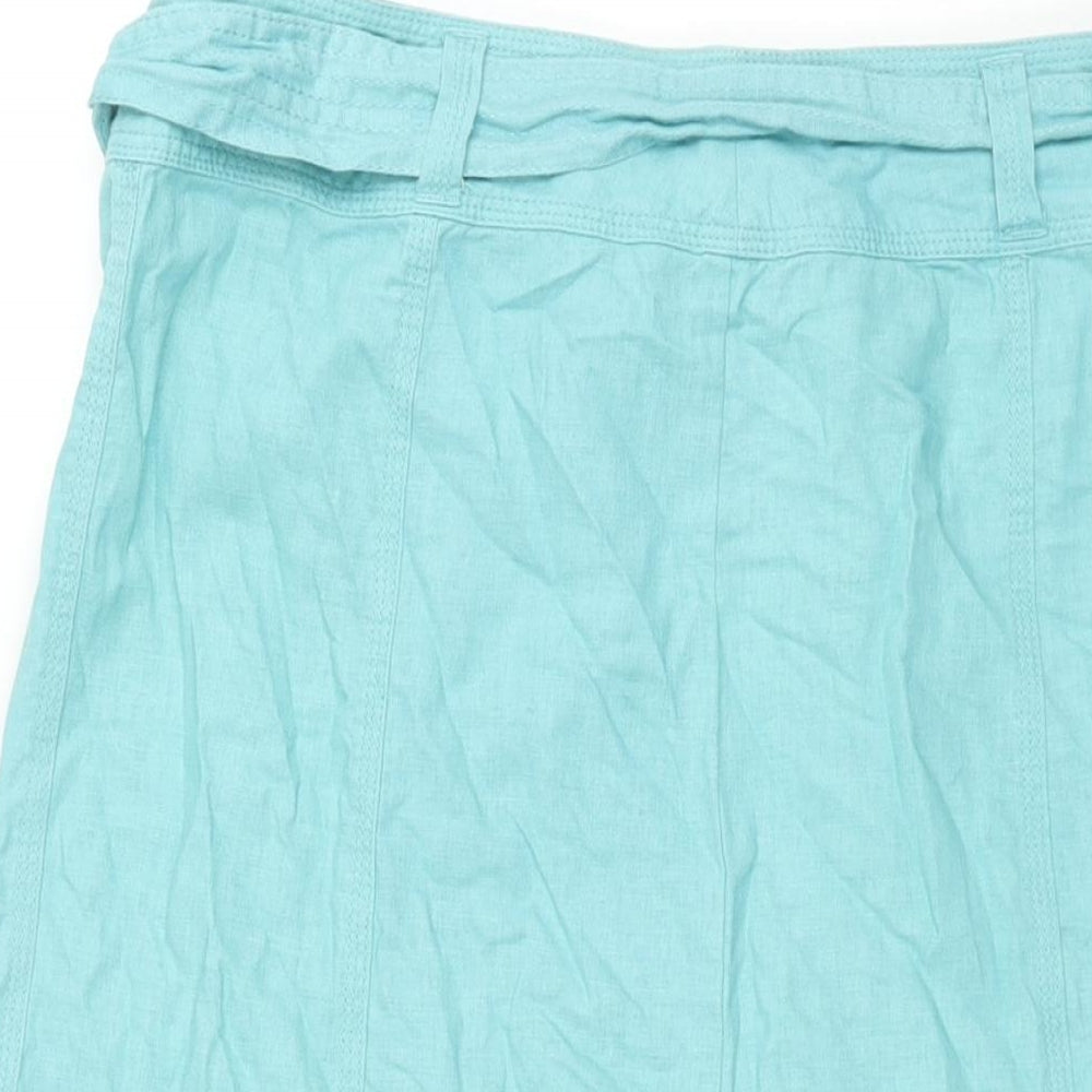 Marks and Spencer Womens Blue Linen A-Line Skirt Size 14 Zip - Belted