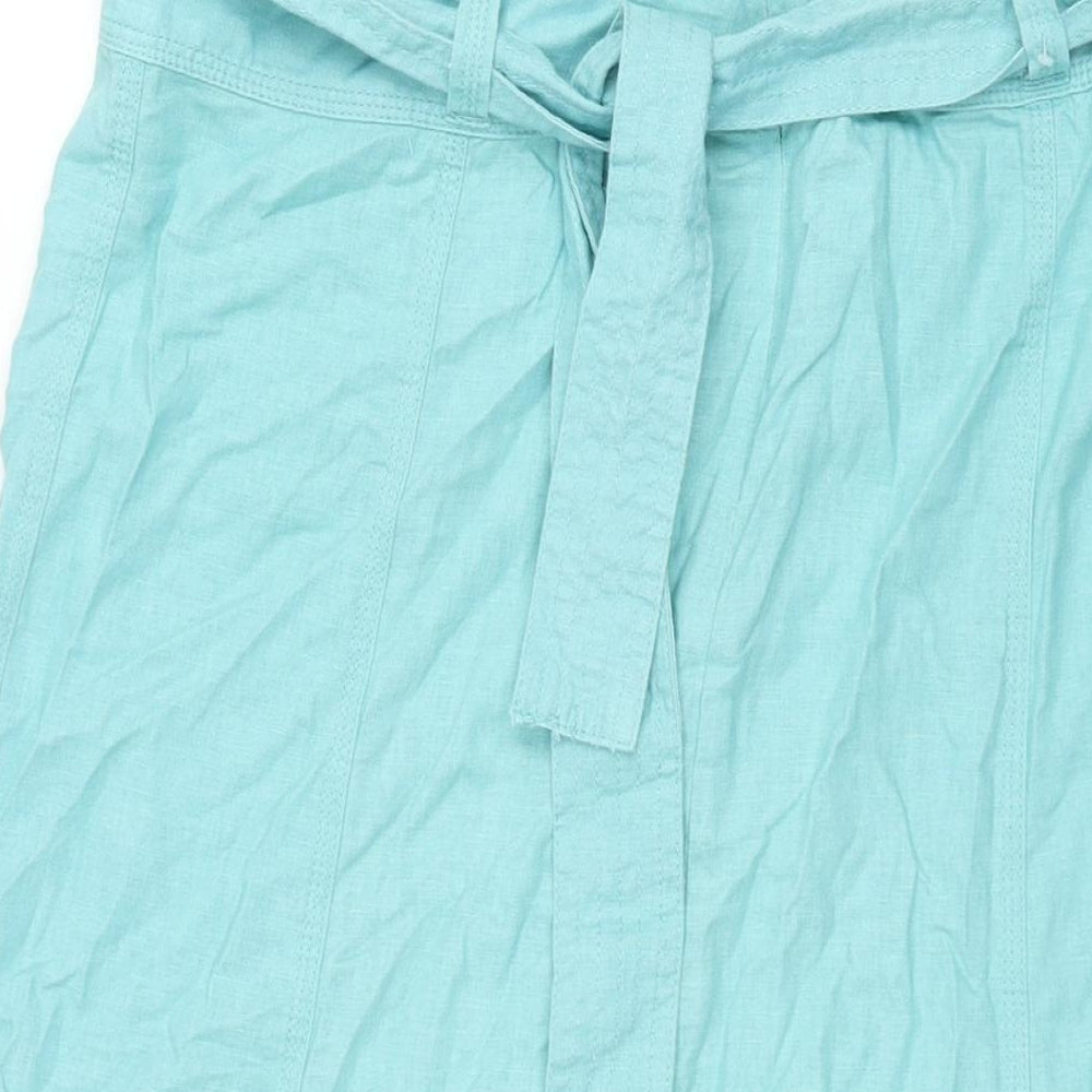 Marks and Spencer Womens Blue Linen A-Line Skirt Size 14 Zip - Belted
