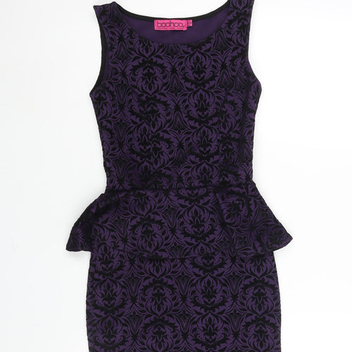 Boohoo Womens Purple Geometric Polyester Bodycon Size 10 Round Neck Pullover - Peplum Velvet Detail
