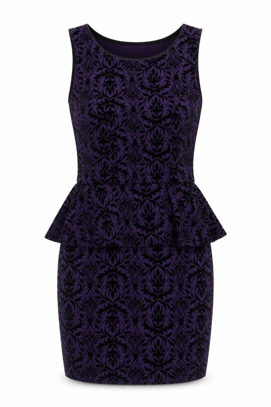 Front view of Boohoo women’s purple geometric polyester bodycon, size UK 10, round neck pullover - peplum velvet detail