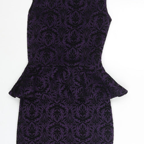 Boohoo Womens Purple Geometric Polyester Bodycon Size 10 Round Neck Pullover - Peplum Velvet Detail