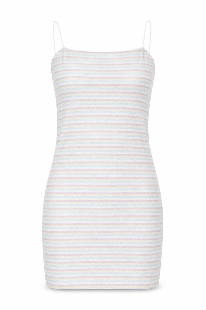 Front view of Topshop women’s multicoloured striped polyester mini, size UK 10, square neck zip - glitter
