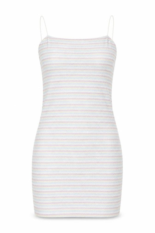 Front view of Topshop women’s multicoloured striped polyester mini, size UK 10, square neck zip - glitter