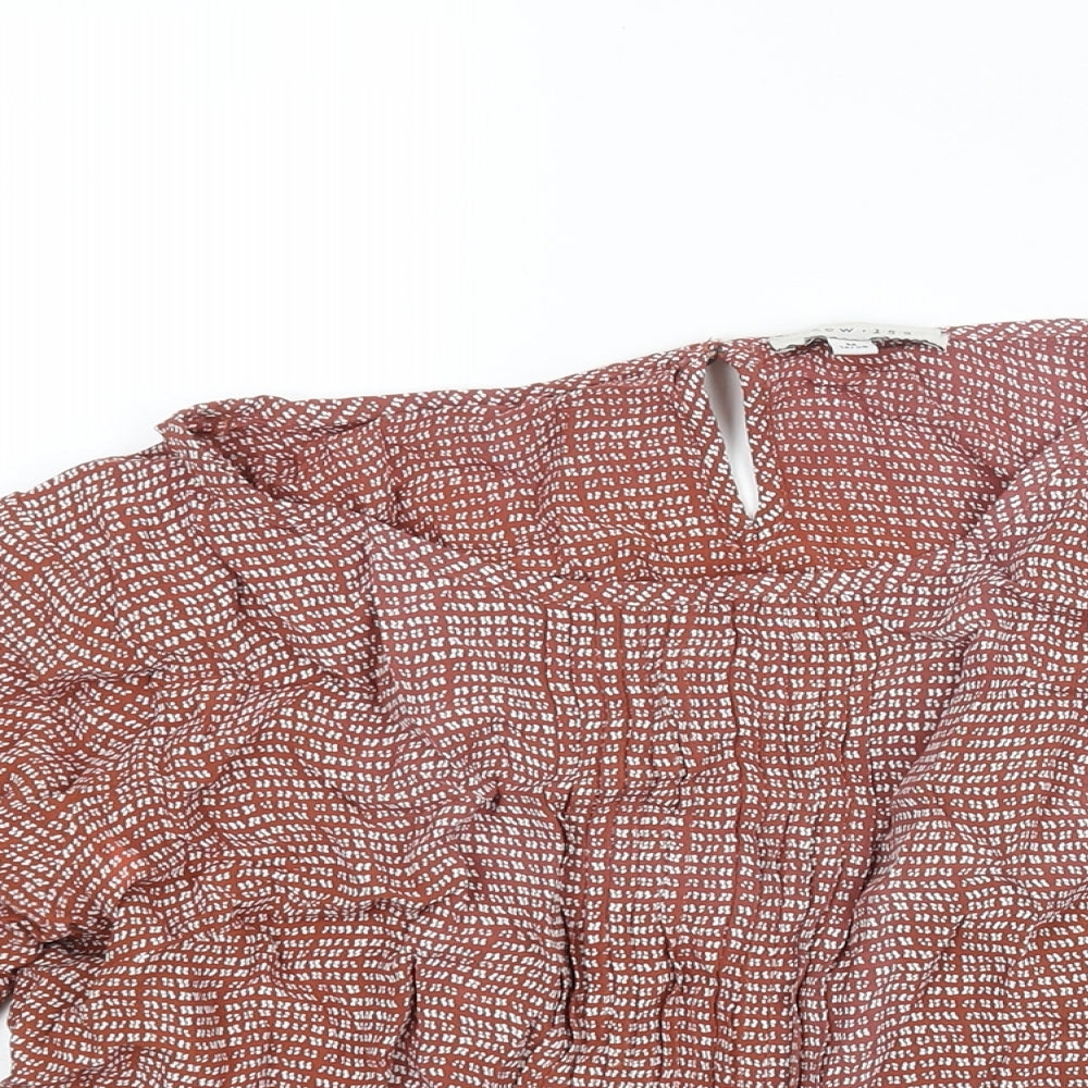 KEW Womens Brown Geometric Viscose Basic Blouse Size 12 Round Neck - Bow Detail