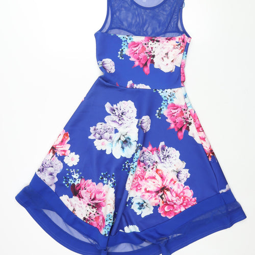 Quiz Womens Blue Floral Polyester Fit & Flare Size 8 Round Neck Pullover
