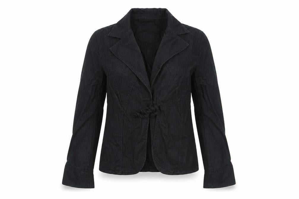 Front view of SF Collection women’s black jacket, size UK 12, tie