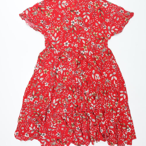 Zara Womens Red Floral Viscose Shift Size S V-Neck Pullover - Smocked