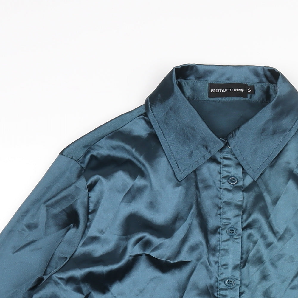 PRETTYLITTLETHING Womens Blue Polyester Basic Button-Up Size S Collared