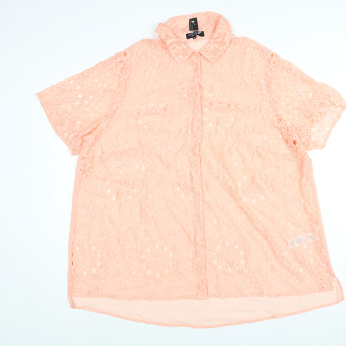 New Look Womens Pink Polyester Basic Blouse Size 24 Collared - Semi Sheer Lace Front