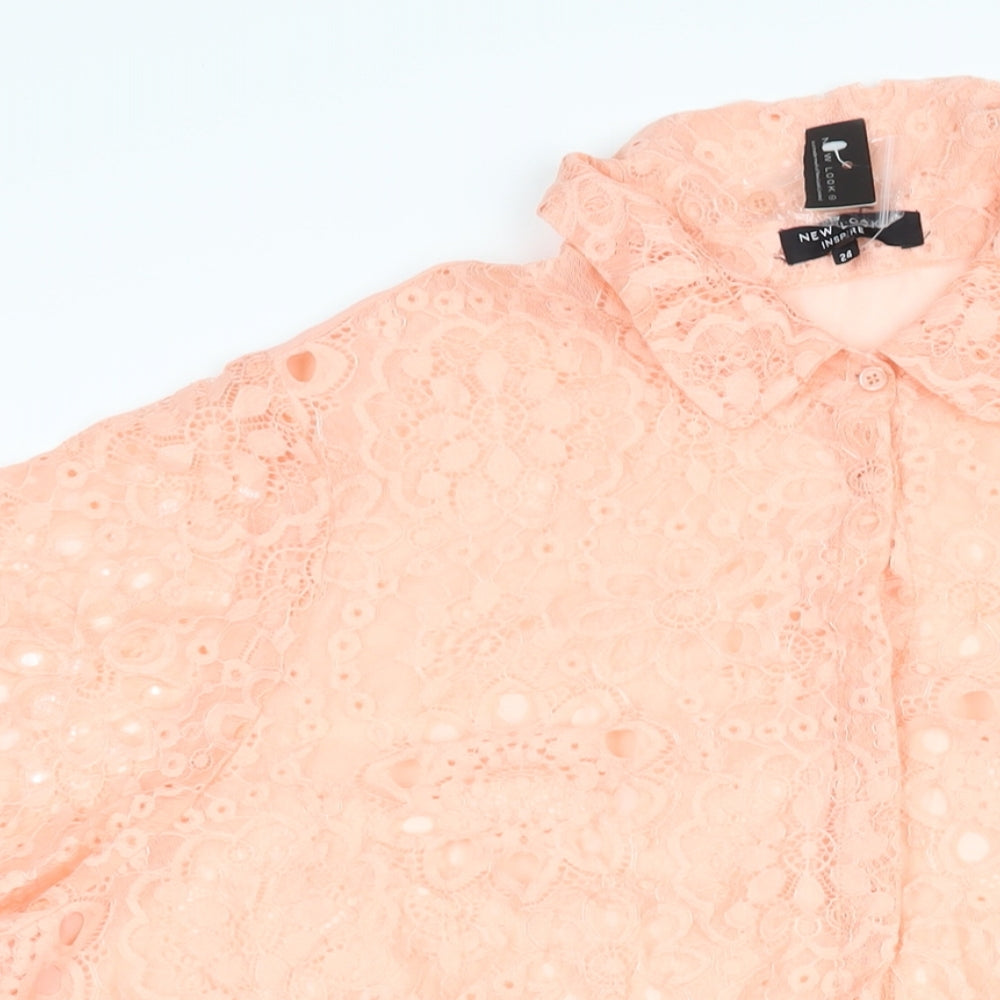 New Look Womens Pink Polyester Basic Blouse Size 24 Collared - Semi Sheer Lace Front