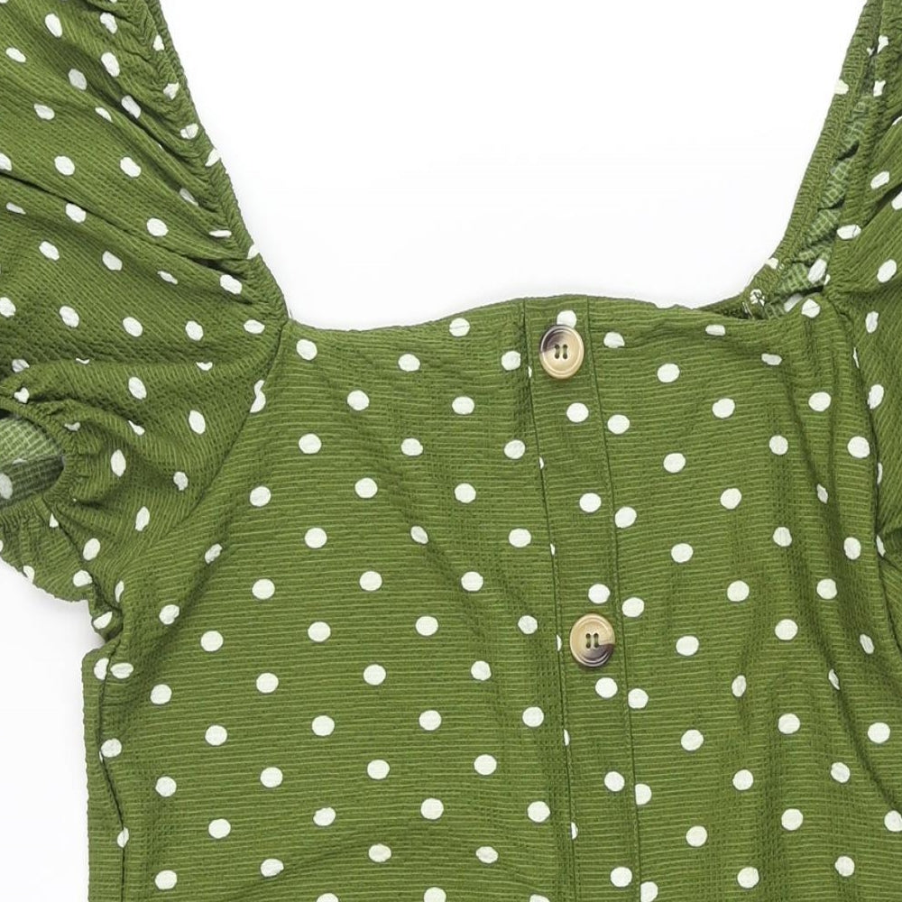 River Island Womens Green Polka Dot Polyester A-Line Size 16 Square Neck Pullover - Button Detail
