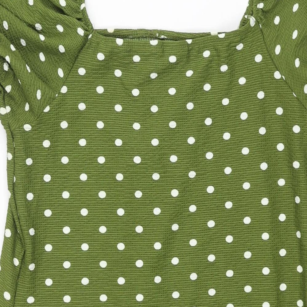 River Island Womens Green Polka Dot Polyester A-Line Size 16 Square Neck Pullover - Button Detail