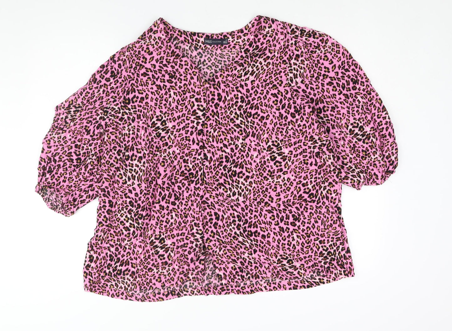 Marks and Spencer Womens Pink Animal Print Viscose Basic Blouse Size 22 V-Neck - Leopard Print