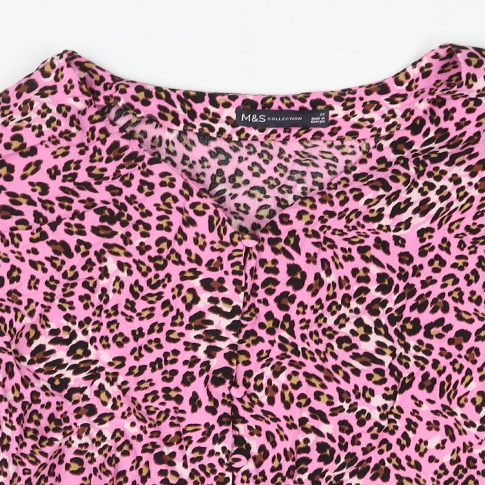 Marks and Spencer Womens Pink Animal Print Viscose Basic Blouse Size 22 V-Neck - Leopard Print
