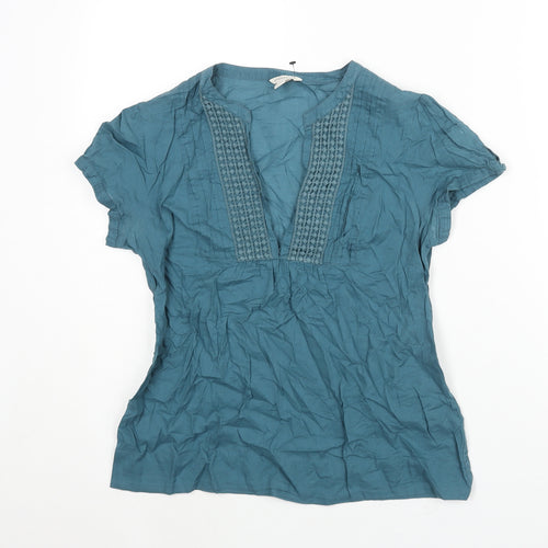 Monsoon Womens Blue Cotton Basic Blouse Size 10 V-Neck - Lace Detail