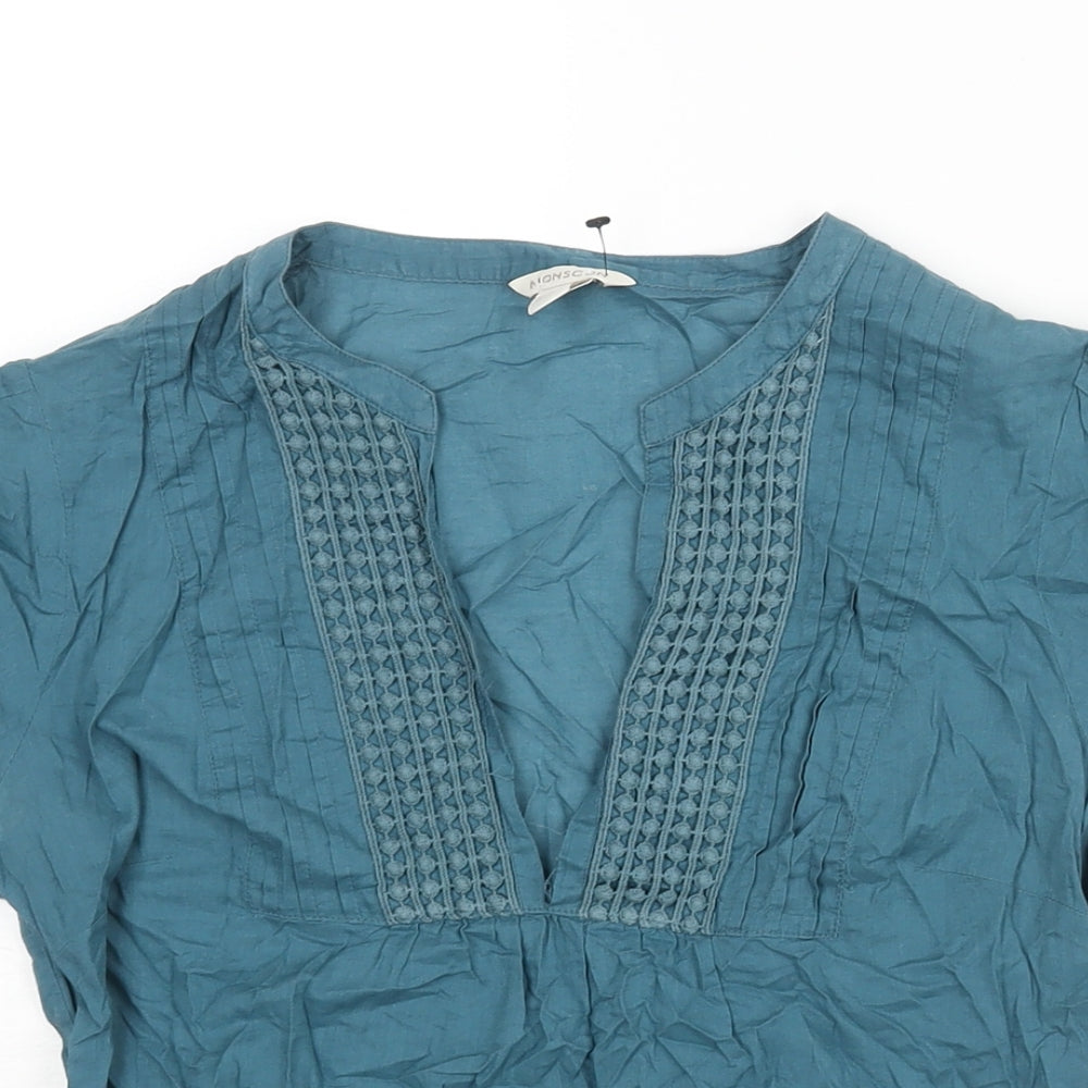 Monsoon Womens Blue Cotton Basic Blouse Size 10 V-Neck - Lace Detail