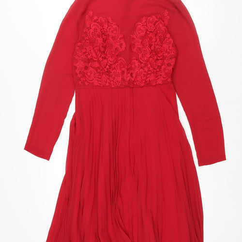 ASOS Womens Red Polyester Shift Size 10 Mock Neck Zip - Pleated Lace Detail