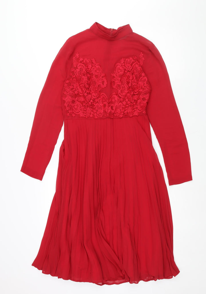 ASOS Womens Red Polyester Shift Size 10 Mock Neck Zip - Pleated Lace Detail