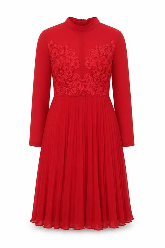 Front view of ASOS women’s red polyester shift, size UK 10, mock neck zip - pleated lace detail
