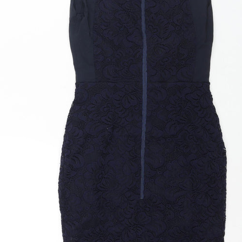 Vesper Womens Blue Viscose Pencil Dress Size 10 Square Neck Zip - Lace Panel