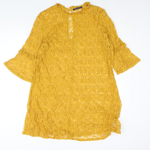 Marks and Spencer Womens Yellow Cotton Shift Size 18 Round Neck Button - Frill Bell Sleeve Semi Sheer