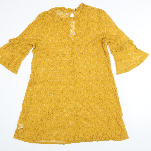Marks and Spencer Womens Yellow Cotton Shift Size 18 Round Neck Button - Frill Bell Sleeve Semi Sheer