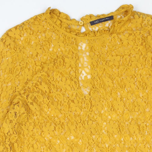 Marks and Spencer Womens Yellow Cotton Shift Size 18 Round Neck Button - Frill Bell Sleeve Semi Sheer