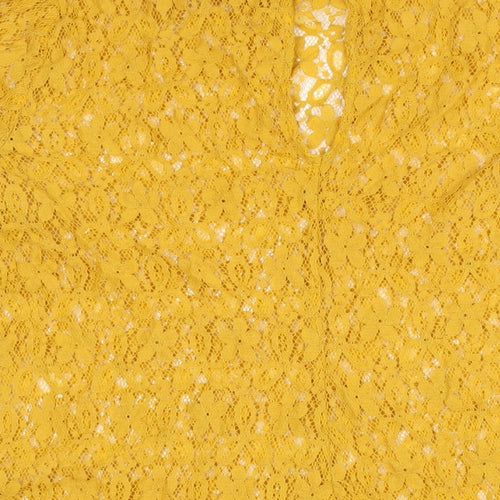 Marks and Spencer Womens Yellow Cotton Shift Size 18 Round Neck Button - Frill Bell Sleeve Semi Sheer