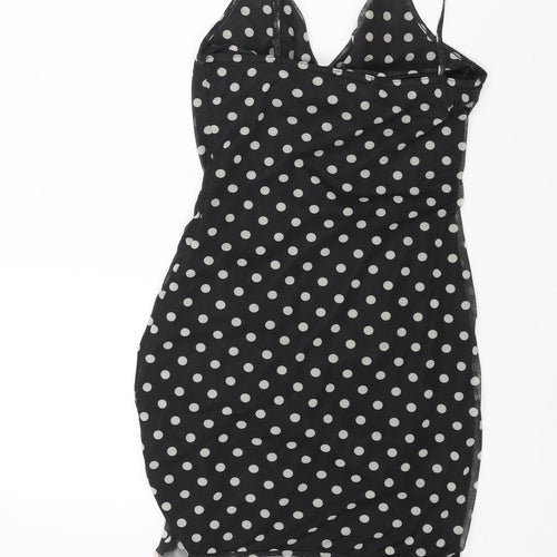 PRETTYLITTLETHING Womens Black Polka Dot Polyester Bodycon Size 10 Cowl Neck Pullover - Drawstring Detail