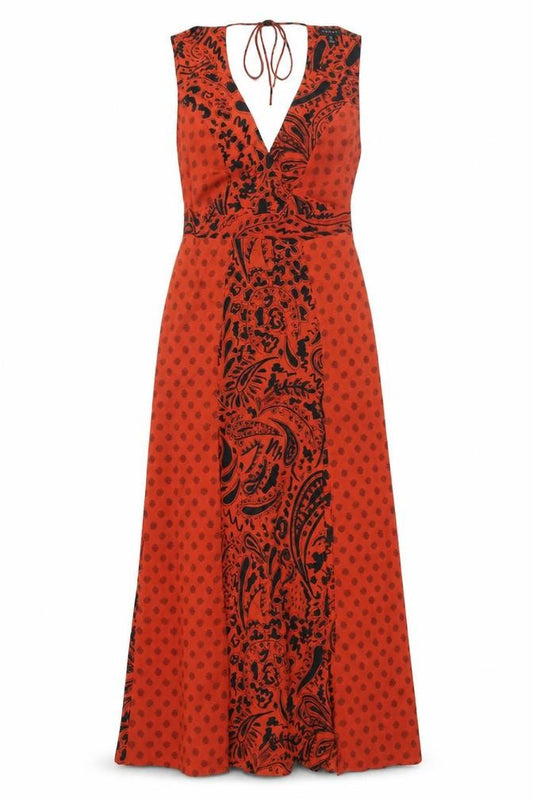 Front view of Topshop women’s red geometric polyester maxi, size UK 10, v-neck zip - front slits panelled