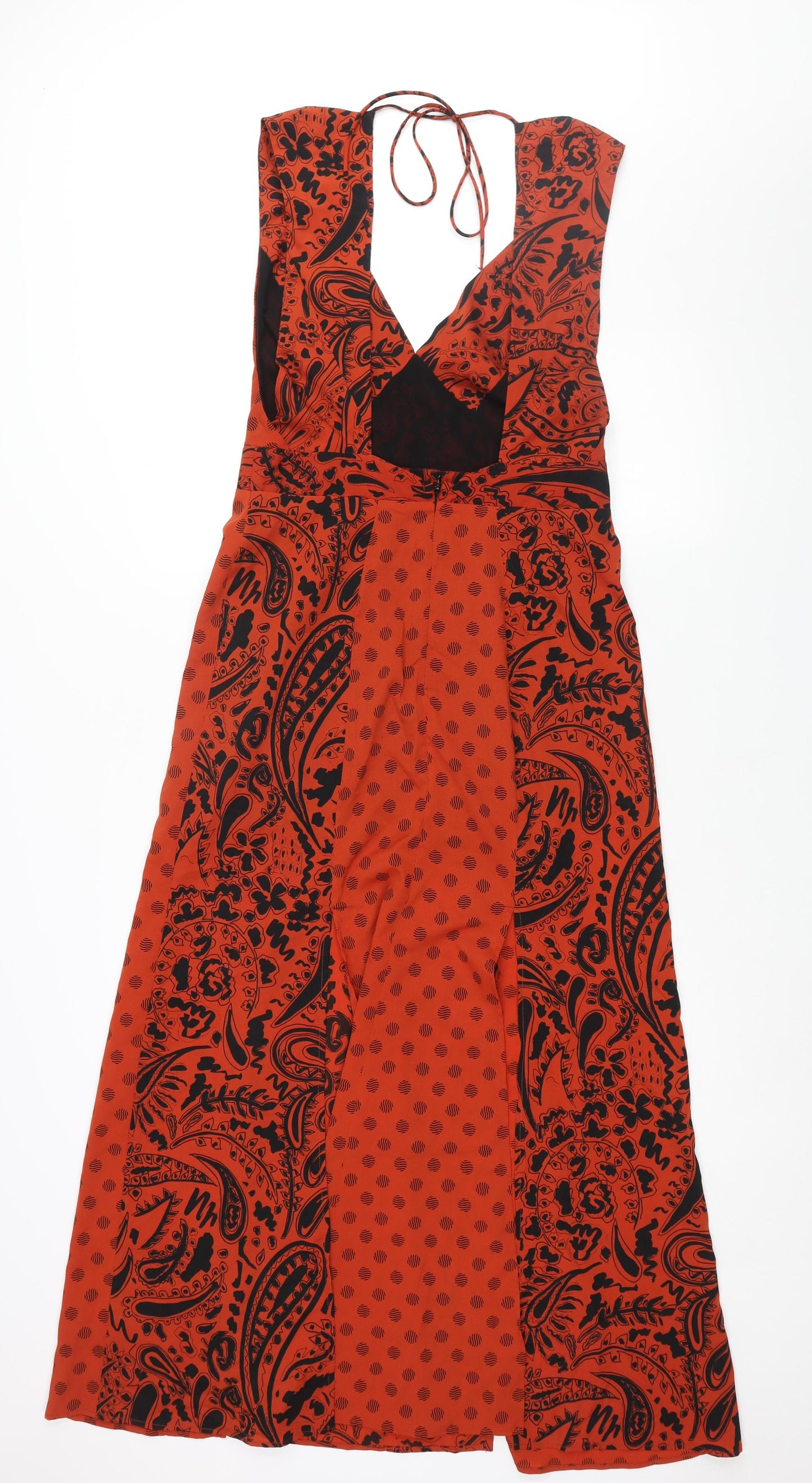 Topshop Womens Red Geometric Polyester Maxi Size 10 V-Neck Zip - Front Slits Panelled