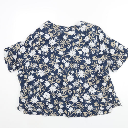Marks and Spencer Womens Blue Floral Linen Basic Blouse Size 18 Round Neck