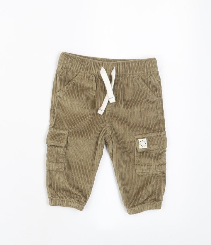 F&F Boys Beige Cotton Cargo Trousers Size 3-6 Months Drawstring