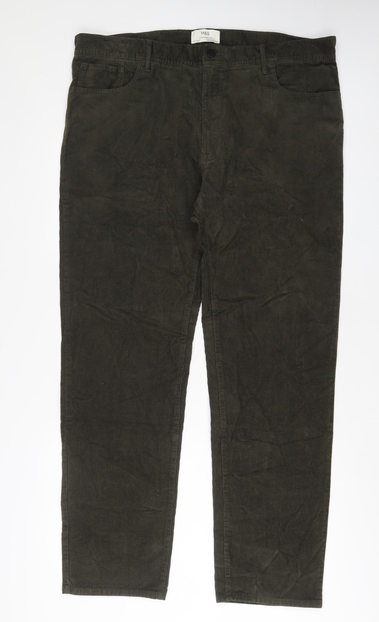 Marks and Spencer Mens Green Cotton Trousers Size 40 in L33 in Regular Zip - Long Leg