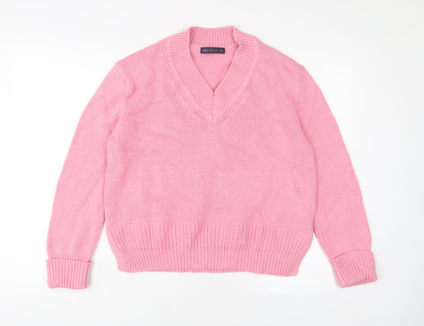 Marks and Spencer Womens Pink V-Neck Cotton Pullover Jumper Size M