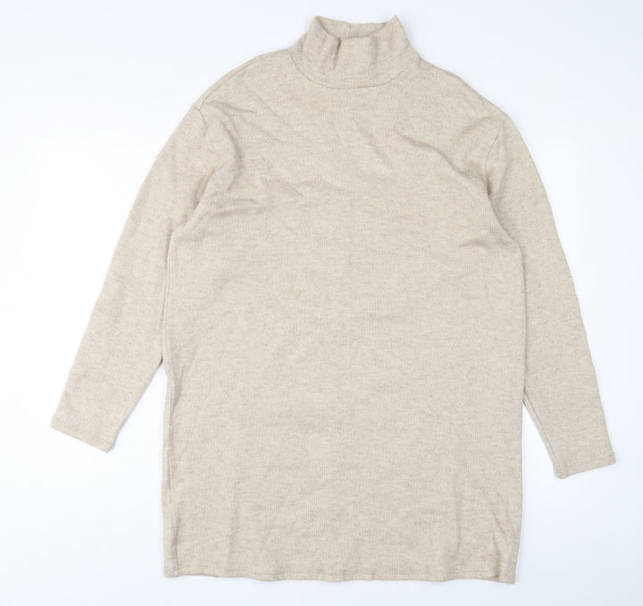 Mango Womens Beige Acrylic Jumper Dress Size M High Neck Pullover