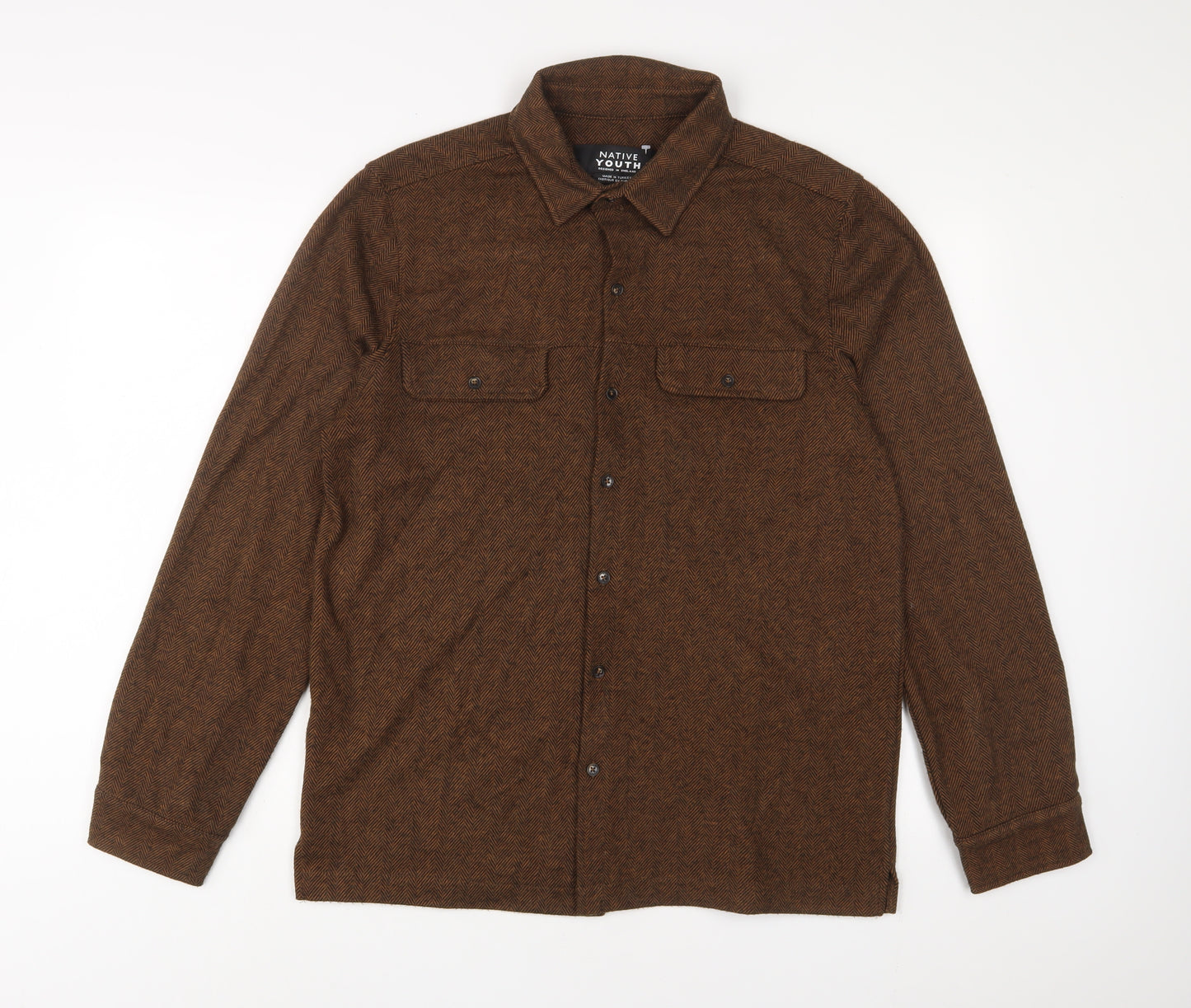 Native Youth Mens Brown Polyester Button-Up Size L Collared Button