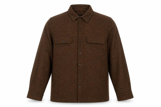 Front view of Native Youth men’s brown polyester button-up, size L, collared button